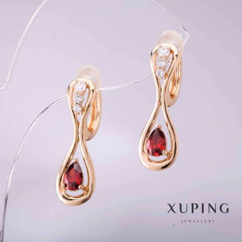 Kolczyki Xuping z kamieniem, kolor czerwony, 25×8 mm, pozłacane 18K