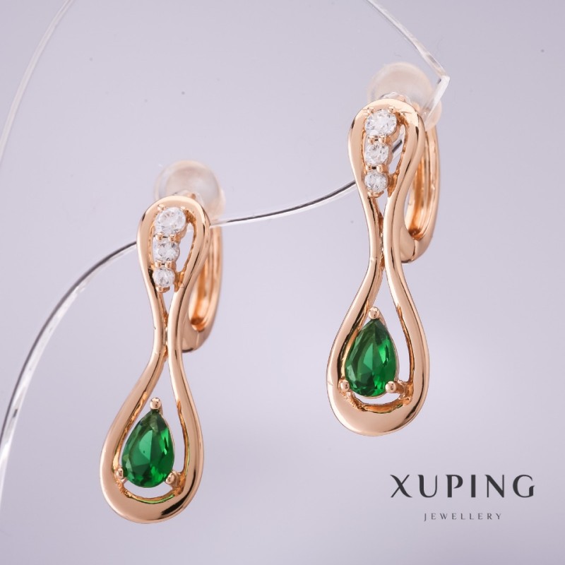 Kolczyki Xuping z zielonymi kamieniami 25×8 mm, pozłacane 18K