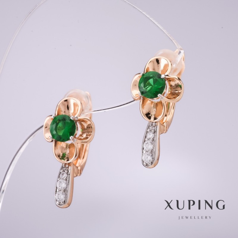 Kolczyki Xuping z zielonymi kamieniami 20×10 mm, pozłacane 18k