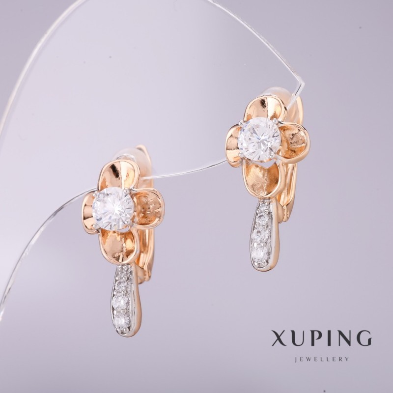 Kolczyki Xuping z białymi kamieniami 20×10 mm, pozłacane 18K