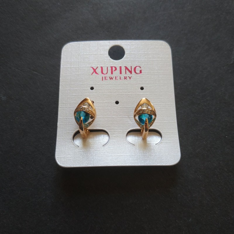 Kolczyki Xuping z błękitnymi kamieniami 15×12 mm pozłacane 18K