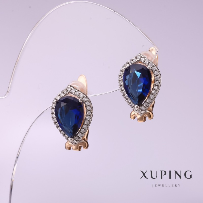 Kolczyki Xuping z niebieskimi kamieniami 10×14 mm, pozłacane 18K