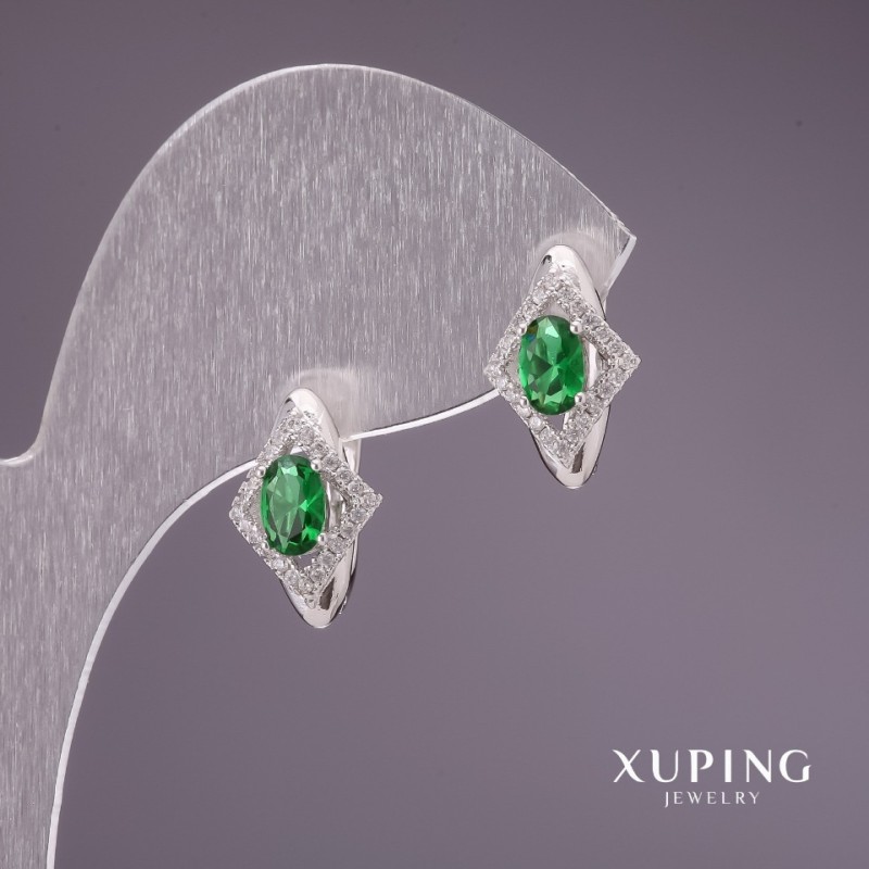 Kolczyki Xuping z zielonymi kamieniami 15×10 mm rodowane