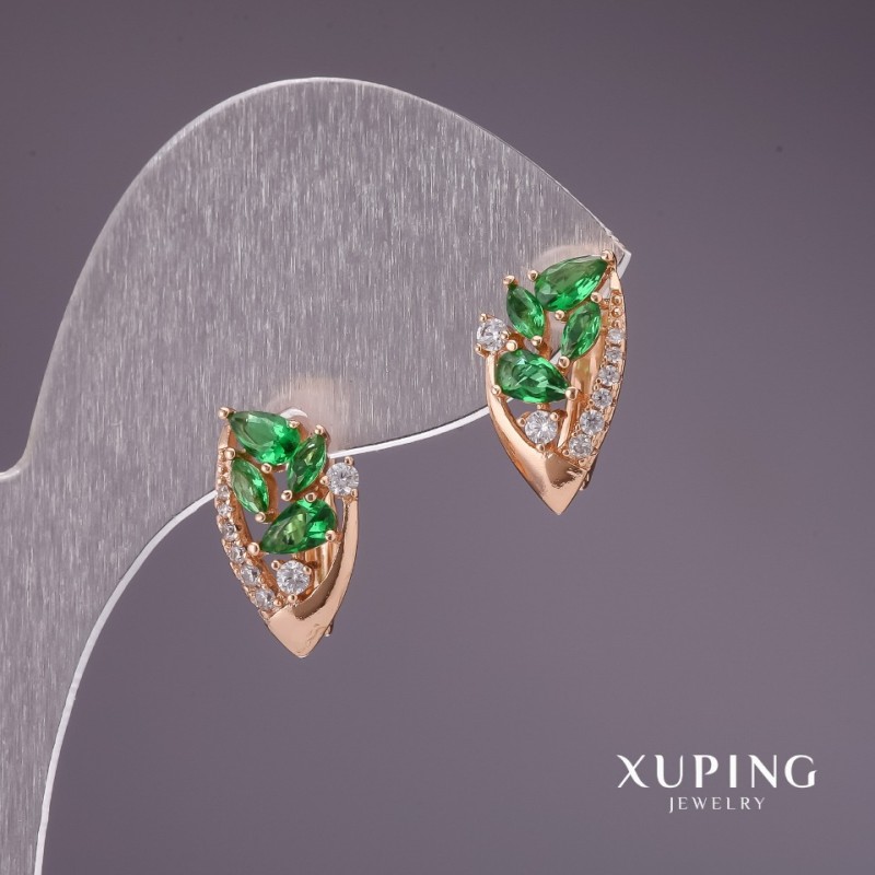 Kolczyki Xuping z zielonymi kamieniami 16×9 mm, pozłacane 18K