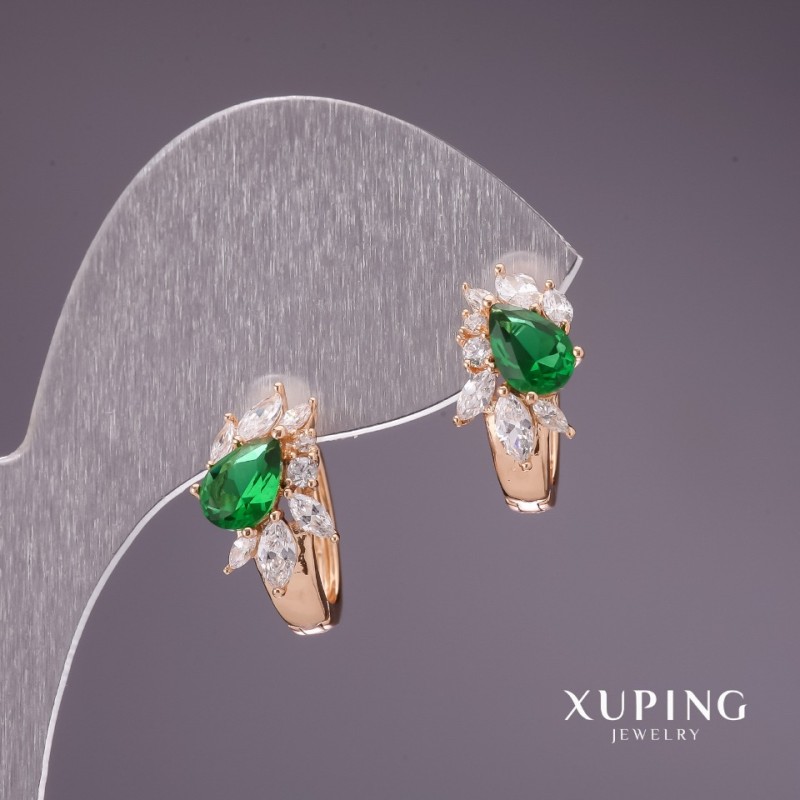 Kolczyki Xuping z zielonymi kamieniami 15×9 mm, pozłacane 18K