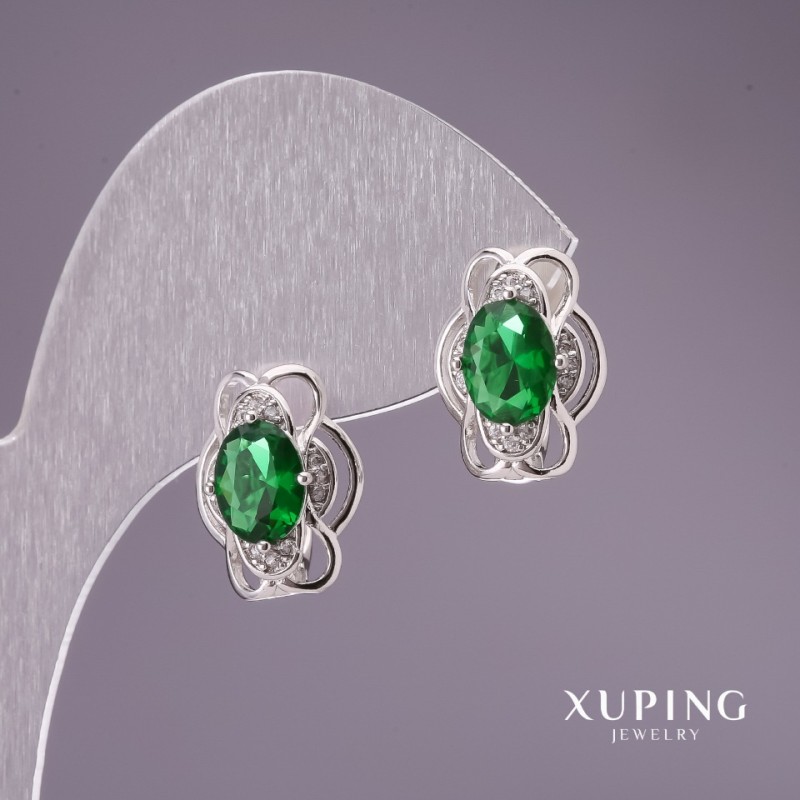 Kolczyki Xuping z zielonymi kamieniami 15×12 mm rhodiowane