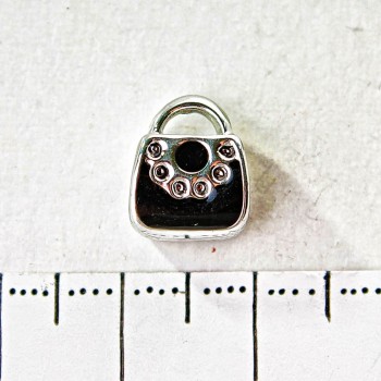 Koralik-charm Pandora «Torebka» w jasnoszarym metalu z czarną emalią, 10 mm, op. 6 szt.