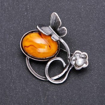 Broszka Motyl kuta „Jantarowa” 47×47 mm, szary metal
