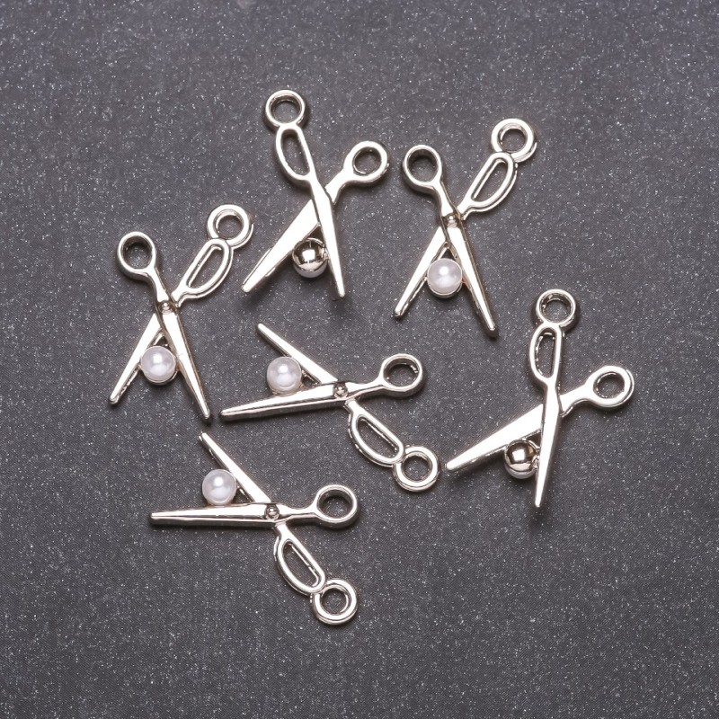 Zawieszka do biżuterii 'Nożyczki', średnica 13 mm, długość 23 mm, biały metal, opakowanie 6 szt.