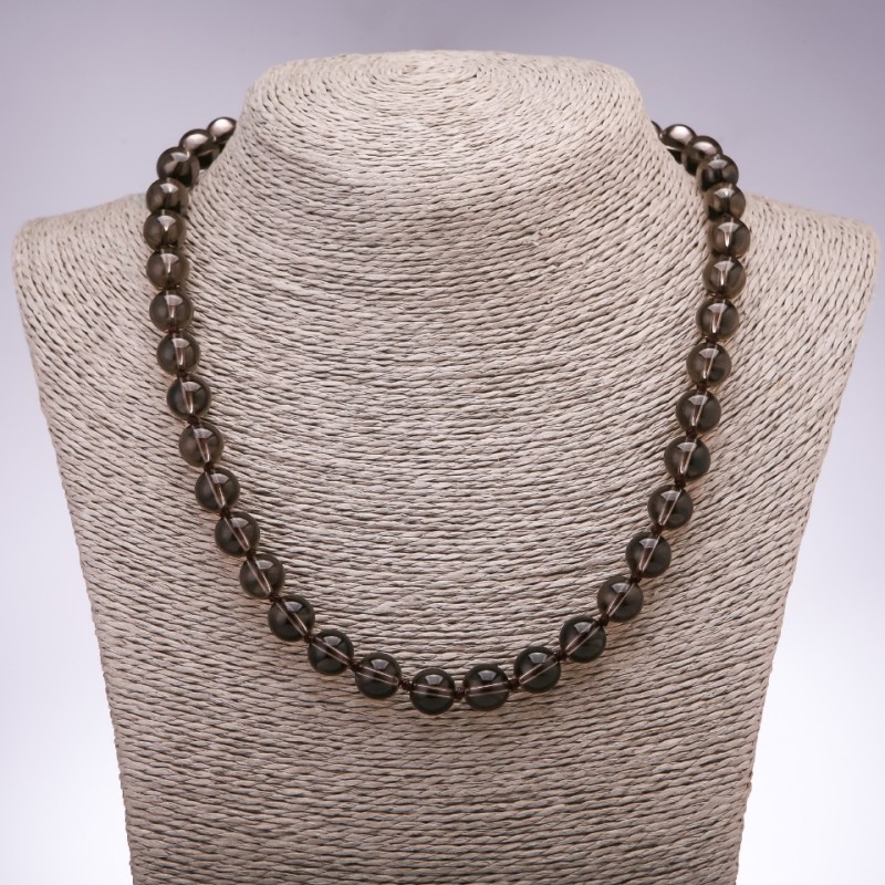 Naszyjnik z naturalnego kamienia – dymny topaz, gładkie kule, średnica 10 mm, długość 48 cm