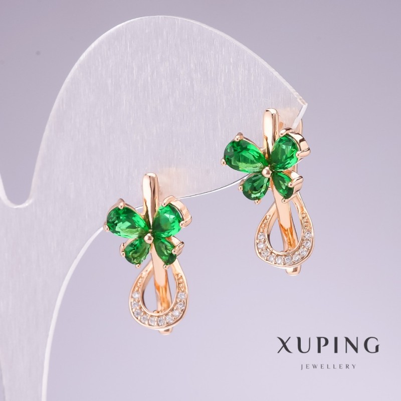 Kolczyki Xuping pozłacane 18K z zielonymi kamieniami i białymi kryształami 20×11 mm