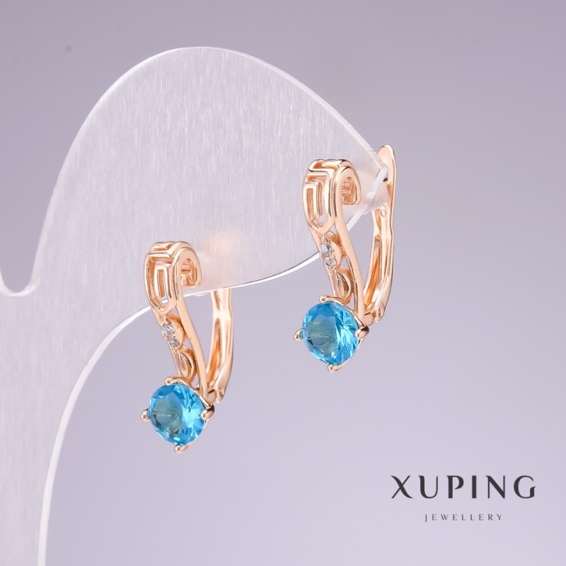 Kolczyki Xuping pozłacane 18k z kamieniem w kolorze błękitnym i białymi kryształami 20×8 mm