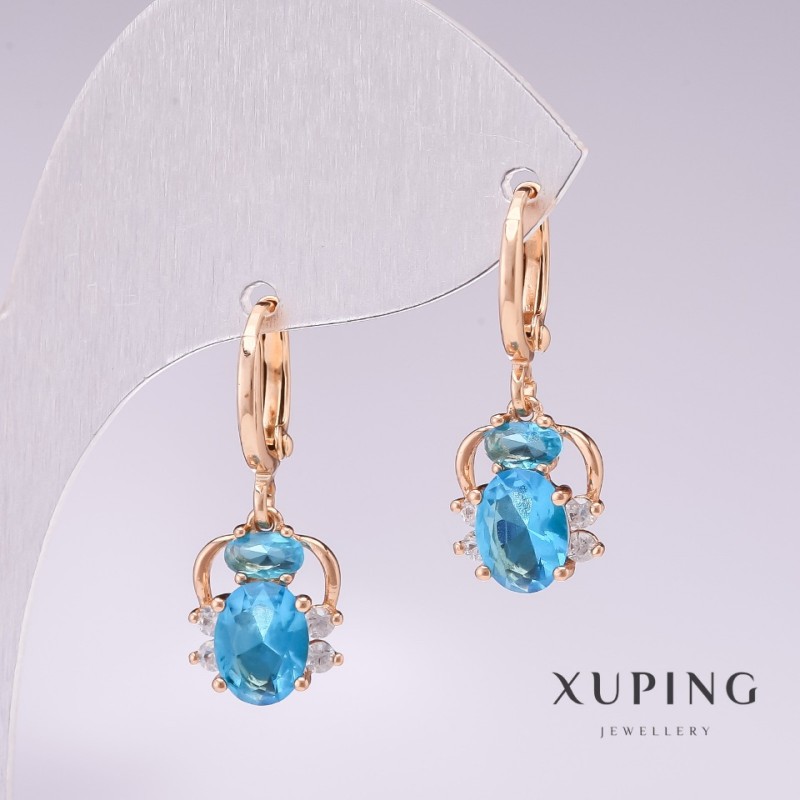 Kolczyki Xuping «Pajączki» pozłocenie 18K z błękitnymi kamieniami i białymi cyrkoniami 25×10 mm