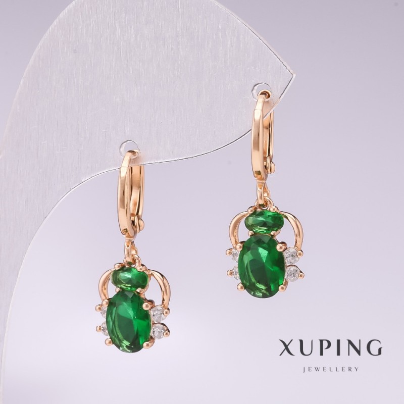 Kolczyki Xuping Pajączki pozłacane 18K z zielonymi kamieniami i białymi kryształami 25×10 mm