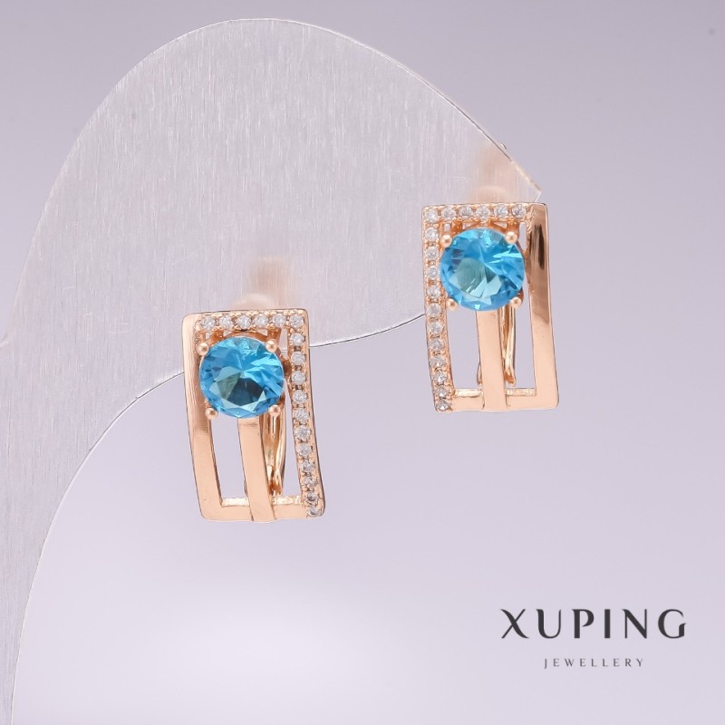 Kolczyki Xuping pozłacane 18k z błękitnym kamieniem i białymi cyrkoniami 16x9 mm