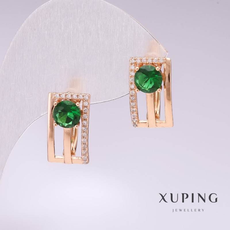 Kolczyki Xuping pozłacane 18K z zielonymi kamieniami i białymi cyrkoniami 16×9 mm