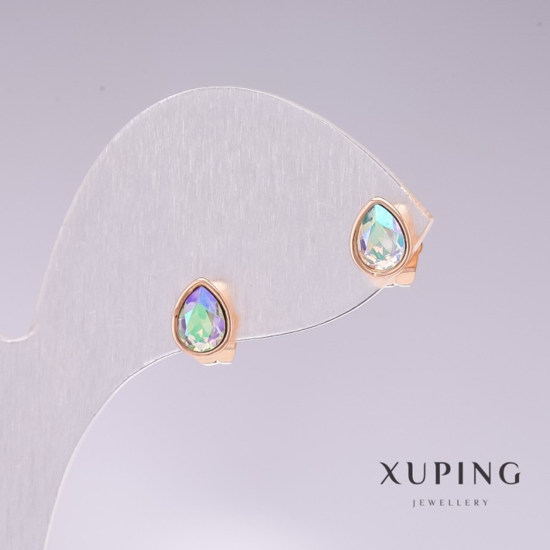 Kolczyki sztyfty Xuping w kształcie kropli z niebieskim kamieniem „benzyna”, pozłacane 18K, 18×7 mm