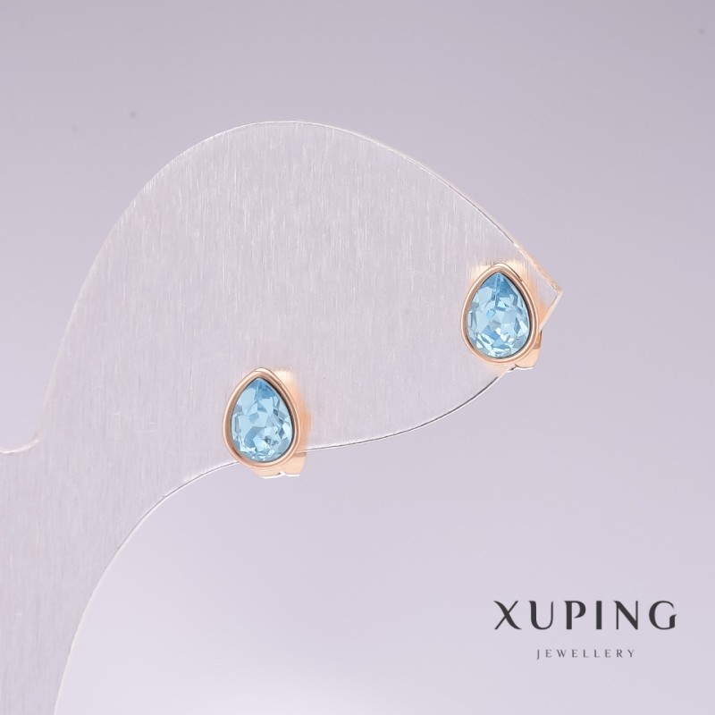 Kolczyki sztyfty Xuping w kształcie kropli z niebieskim kamieniem, pozłacane 18K, 18×7 mm