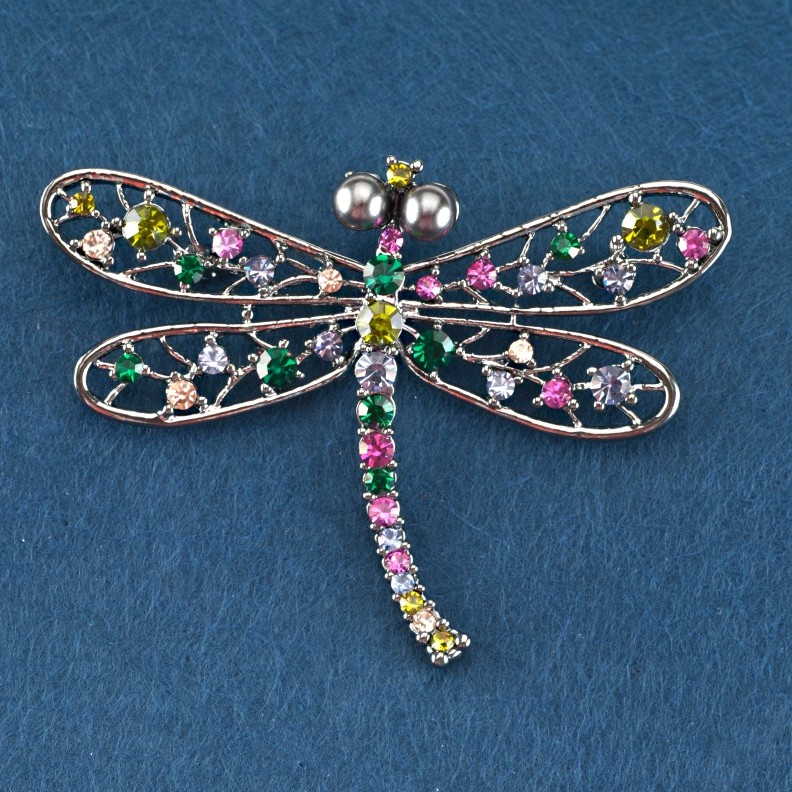 Broszka w kształcie ważki w różnokolorowych cyrkoniach, metal szary, 70×52 mm
