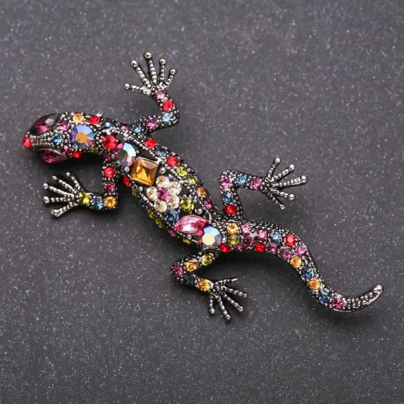 Broszka Jaszczurka w różnokolorowych kryształach strassowych, metal szary, 66×34 mm