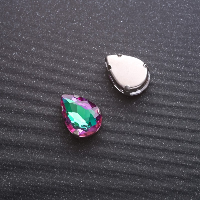Cena za opakowanie / 10 szt. Kryształ naszywany w czapie w kształcie kropli 10×14 mm zielono-malinowy