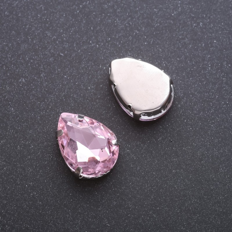 Cena za opakowanie / 10 szt. naszywany kryształ w czapie, kropla 13x18 mm różowy