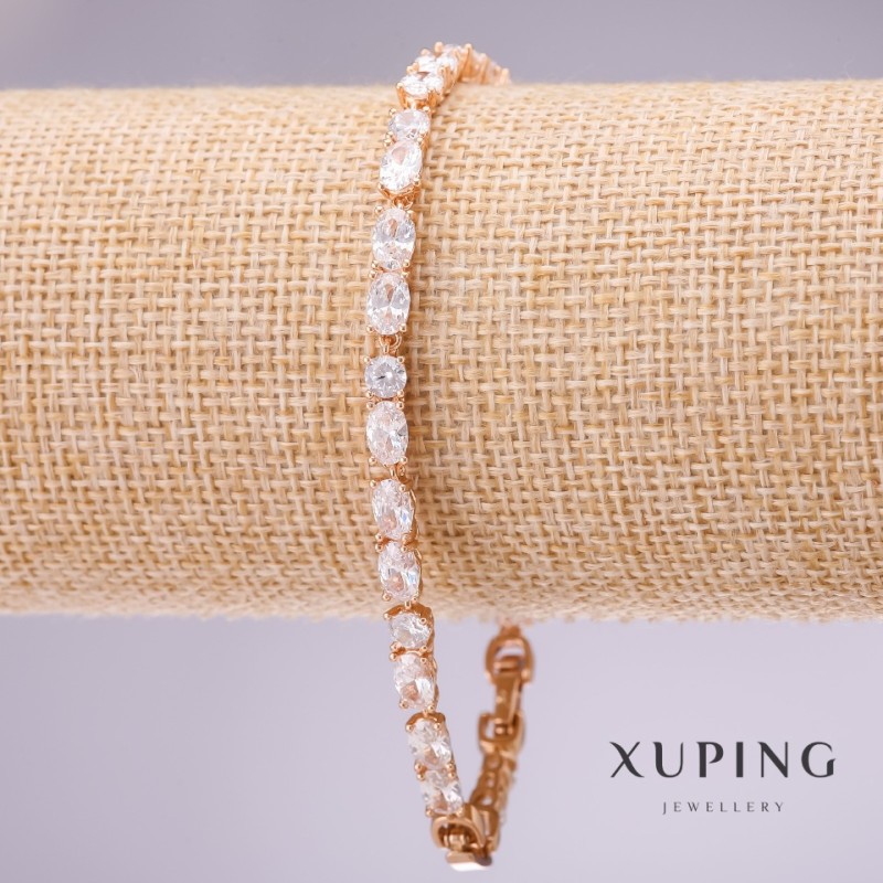 Bransoletka Xuping z białymi kamieniami, grubość 4 mm, długość 18–20 cm, pozłacana z przedłużającym łańcuszkiem