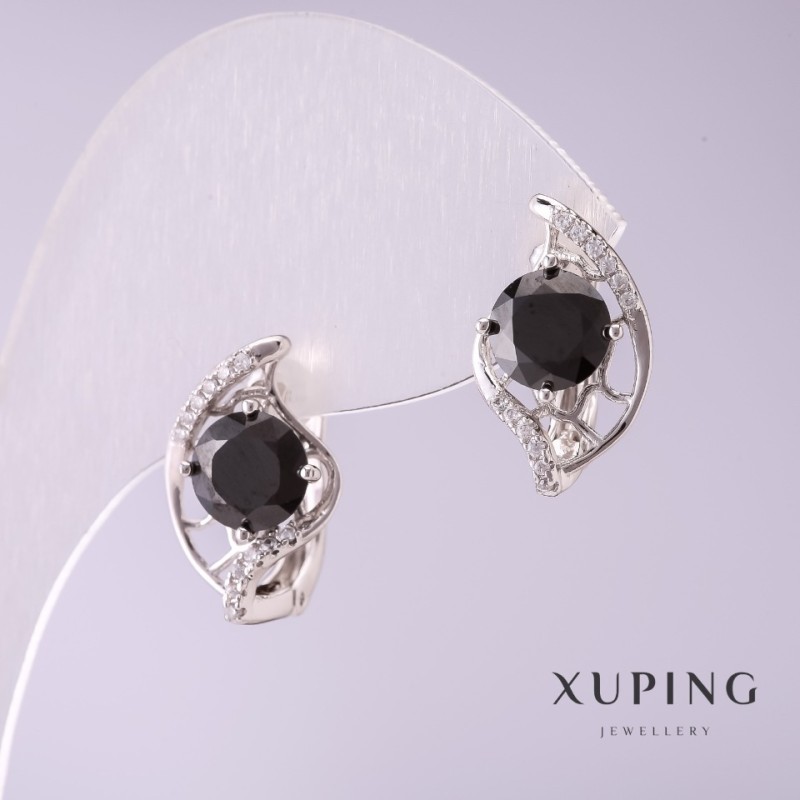 Kolczyki Xuping z czarnymi kamieniami 17×10 mm rodowane