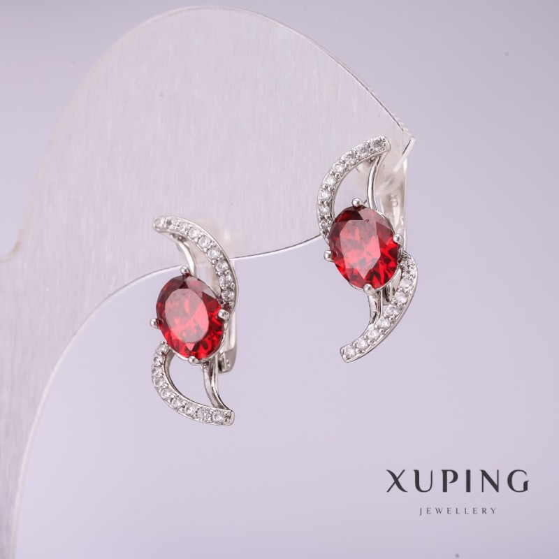 Kolczyki Xuping z czerwonymi kamieniami 21×8 mm rodowane