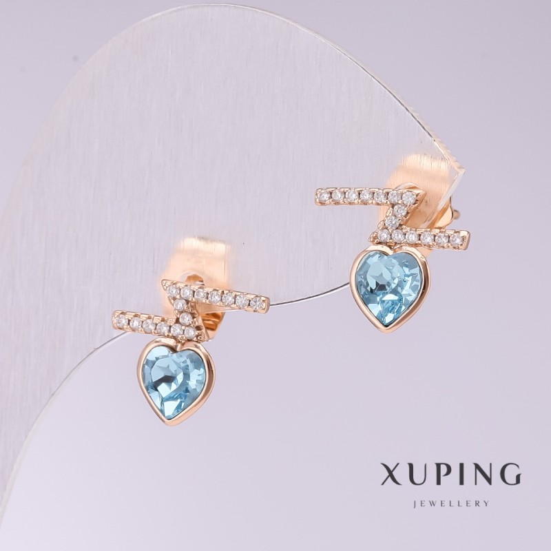 Kolczyki Xuping na sztyftach w kształcie serc z błękitnymi kamieniami, 12×11 mm, pozłacane