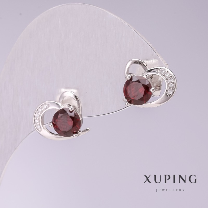 Kolczyki Xuping Serca z czerwonymi kamieniami 10×12 mm rodowane