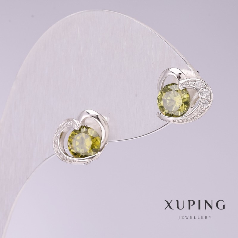 Kolczyki Xuping – serduszka z zielonymi kamieniami, 9×11 mm, pokrycie rhodiowe