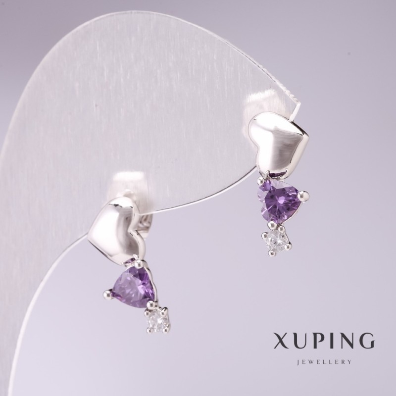 Kolczyki Xuping – girlanda z serc z fioletowymi kamieniami, 17×7 mm, rodowane