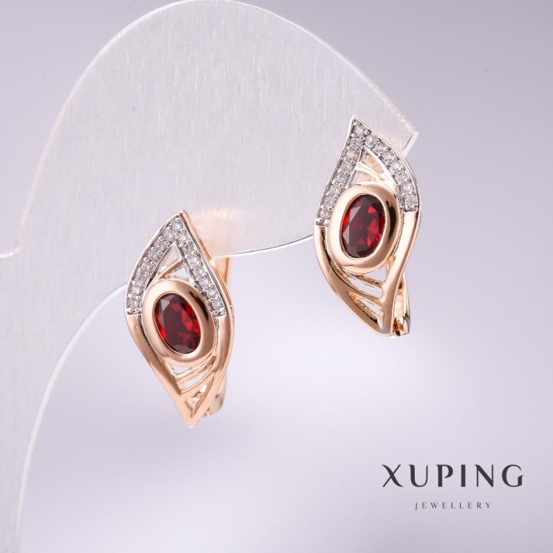 Kolczyki Xuping z czerwonymi kamieniami 19×10 mm, rhodiowane i pozłacane 18K