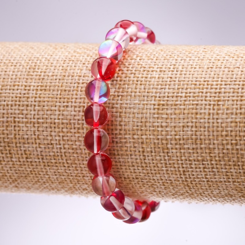 Bransoletka z opalowego szkła – czerwone gładkie kulki, średnica 8 mm, długość 18 cm, na gumce