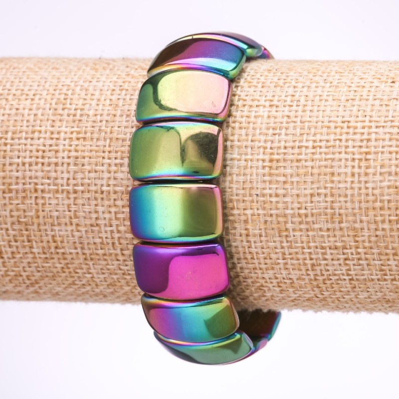 Bransoletka hematytu z tęczową powłoką «Benzyny» ogniwo 12×20 mm, długość 18 cm, na elastycznej gumce