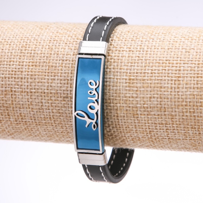 Bransoletka unisex Love z niebieskim kauczukiem i stalową płytką, grubość 12 mm, długość 20 cm
