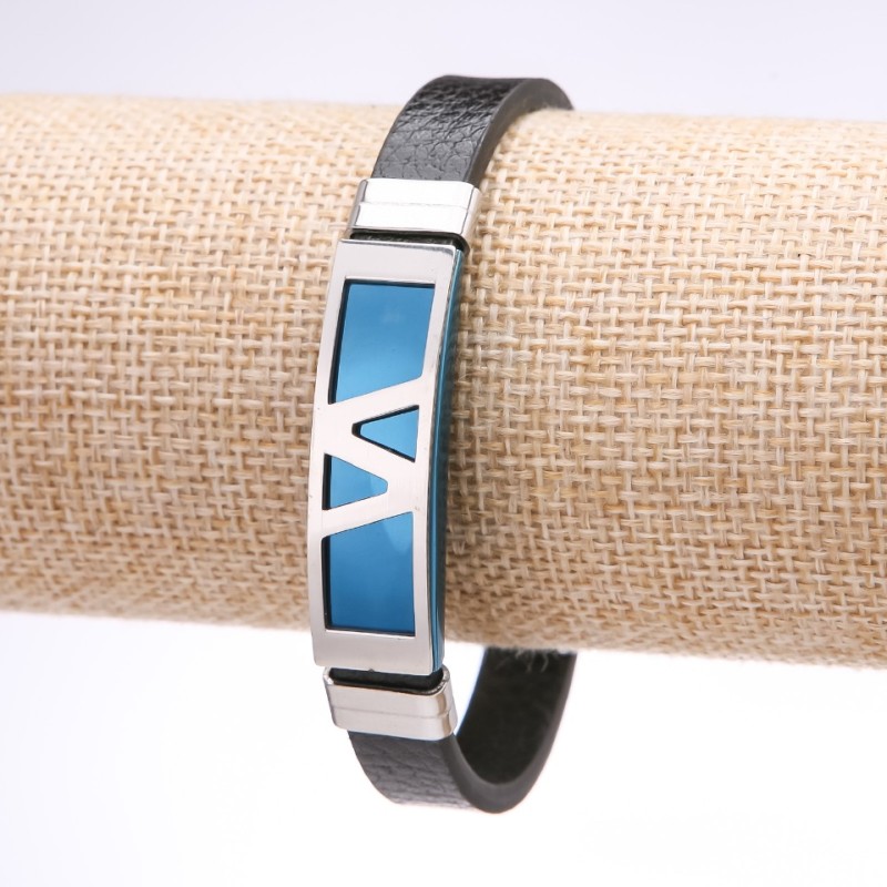 Bransoletka unisex Zigzag z ekoskóry niebieskiej, ze stalową płytką, grubość 12 mm, długość 20 cm