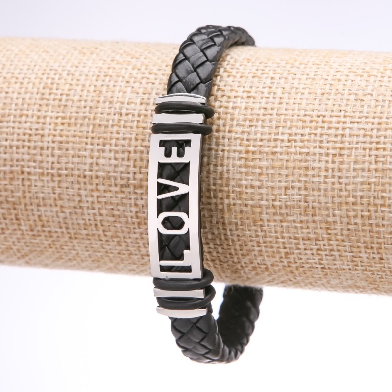 Bransoletka unisex LOVE z eko-skóry, pleciona warkoczem, stalowa płytka, grubość 12 mm, długość 20 cm
