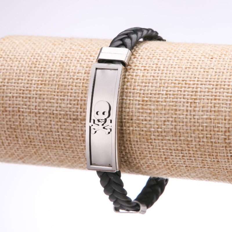 Bransoletka unisex z czaszką, ekoskóra, splot, stalowa płytka, grubość 12 mm, długość 20 cm