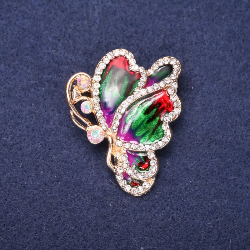 Broszka motyl z białymi kryształkami, emalia czerwonej, zielonej i fioletowej, 40×33 mm, metal żółty