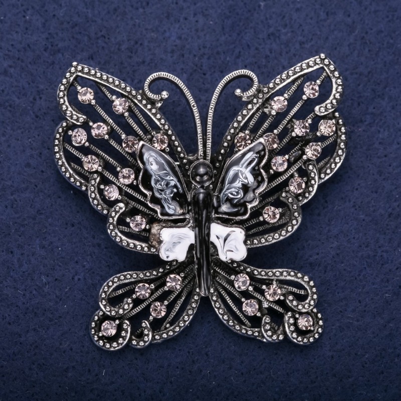 Broszka Motyl z szarymi cyrkoniami 55×57 mm, metal srebrzysty