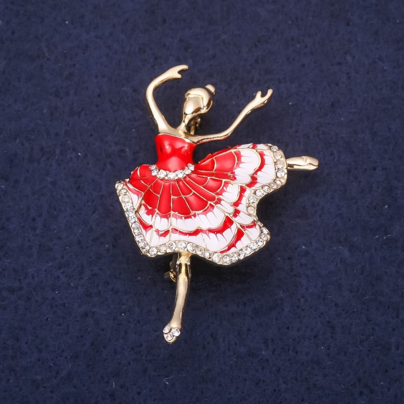 Broszka Baletnica czerwona emalia 50×34 mm złoty metal