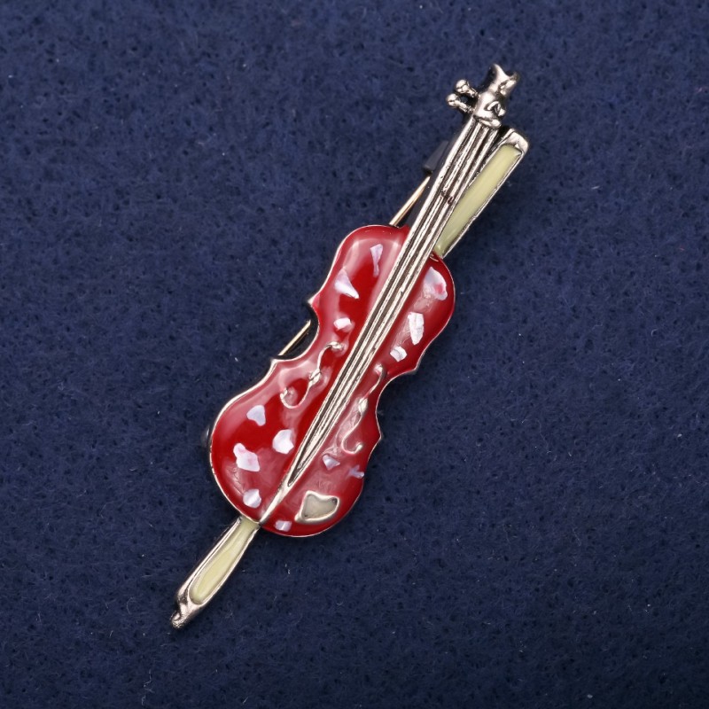 Broszka – muzyka, skrzypce, bordowa emalia, 65×17 mm, złocisty metal