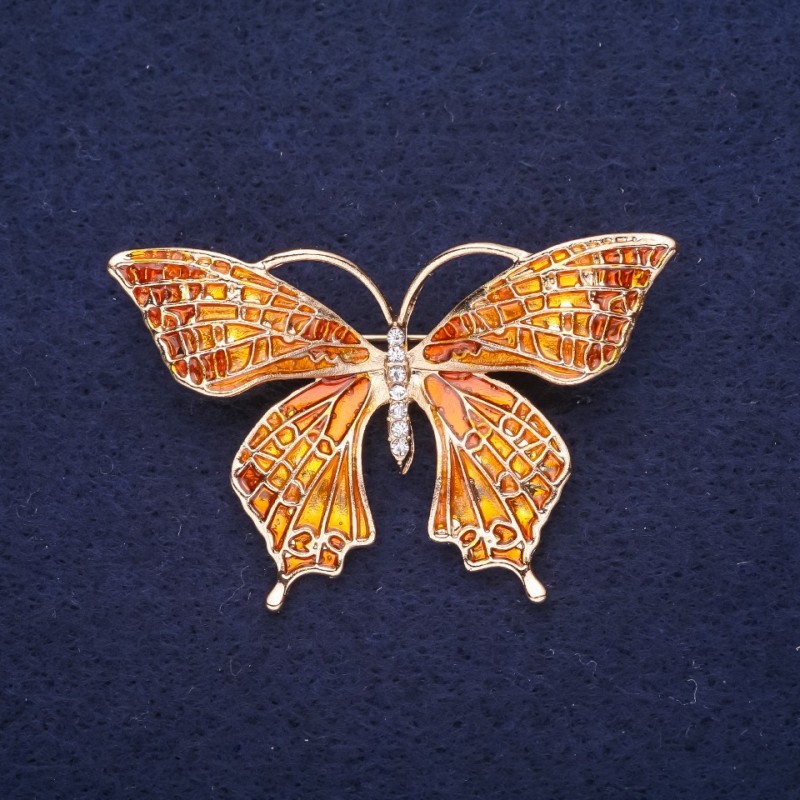 Broszka Motyl z białymi cyrkonami i emalią, kolor złocisty, 49×32 mm, metal złoty