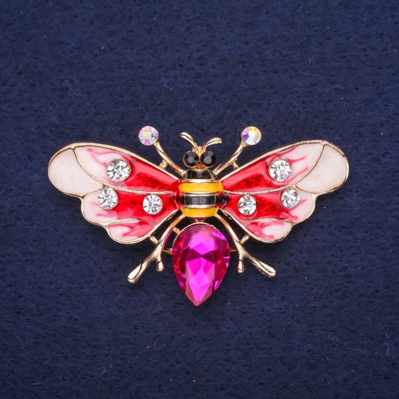 Broszka Motyl–pszczoła, strass, emalia, z kamieniem, kolor: czerwony, biały, żółty, czarny, malinowy, 53×30 mm, metal złocisty