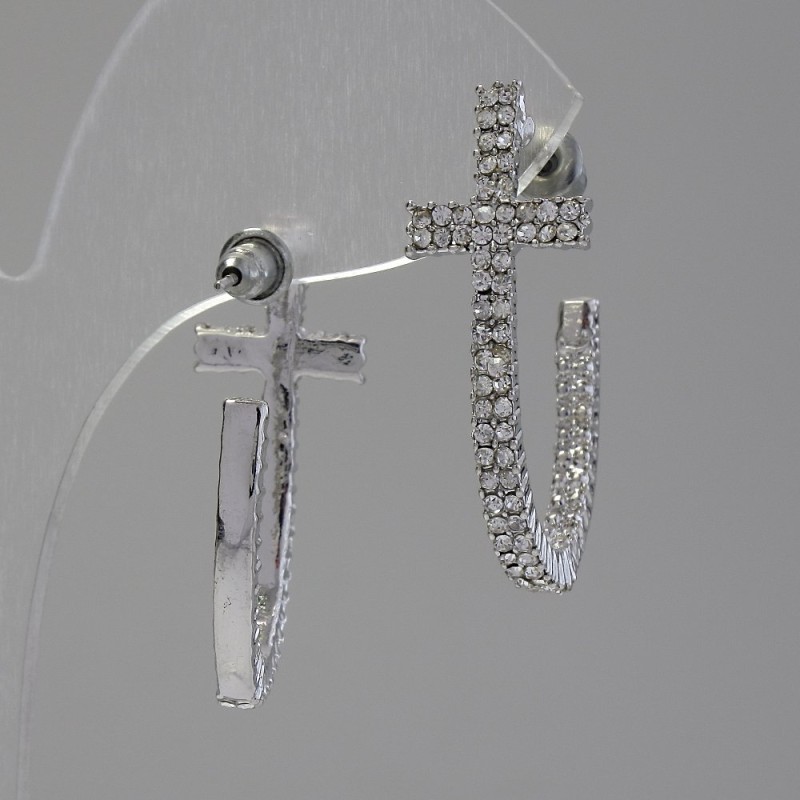 Kolczyki sztyfty w formie półokrągłych obrączek w kształcie krzyża / kryształy w oprawie kroplowej / srebrzysty metal / 35 × 7 mm