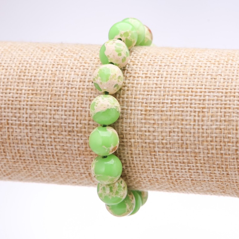 Bransoletka z varyscytu (prasowany) – zielony odcień, gładkie kuleczki o średnicy 10 mm, długość 18 cm na gumce