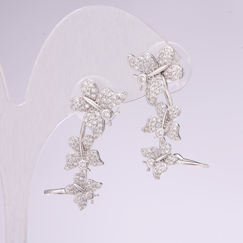 Kolczyki na klipsy Motyle, seria 925, z białymi kryształami, kolor biały, 29×12 mm, metal srebrzysty