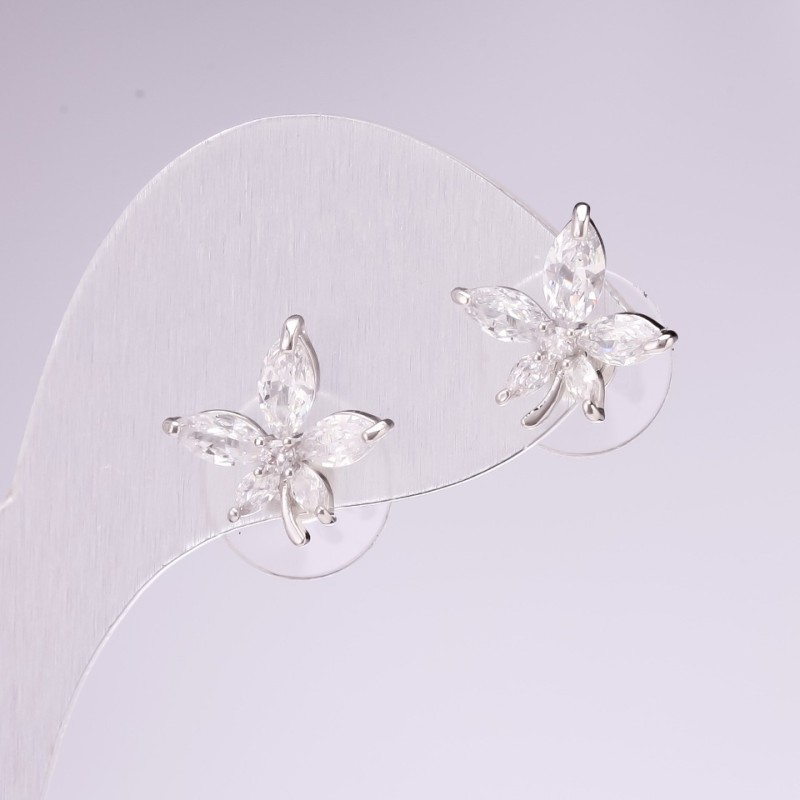 Kolczyki sztyfty «Listki» seria 925 z kamieniami kolor biały 14×14 mm metal srebrzysty